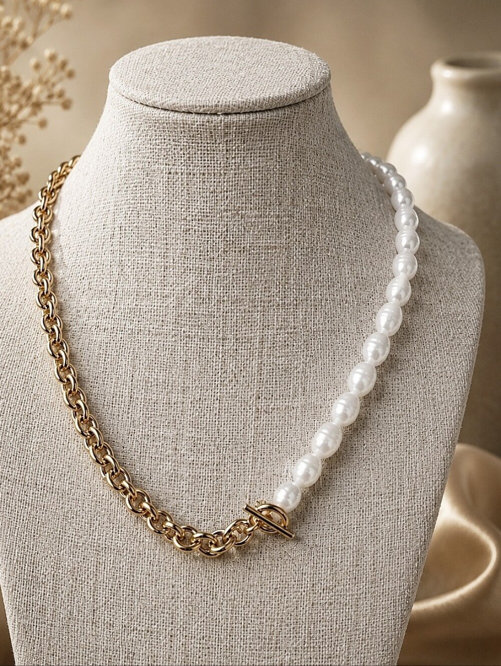SugarFix Link Faux White Potato Pearl Gold Tone Necklace Asymmetrical NWOT